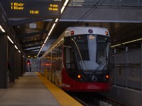 OC Transpo LRT vehicle number 1106 leaving Tunney's Pasture station on opening day of the Confederation Line in Ottawa.