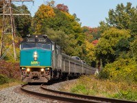 VIA 2 approaches a sharp curve in the depths of the Don with 2 "Renaissance" F40phs and a long train of stainless steel coaches. This is my attempt to prove that VIA is indeed just as desirable as freight (especially long distance trains). The fall colours starting to change don't hurt. 