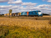 CN 568 rumbles along the CN Guelph sub with an awkward blue duo of CN 4910 and GTW 6224. CN 568 is a relatively easy train to chase and we did so from New Hamburg to London. Fortunately the skies cleared southwest of Woodstock and north of the town of Thorndale, I got probably my favourite shot to date of an "Ex-GMTX" leader. 