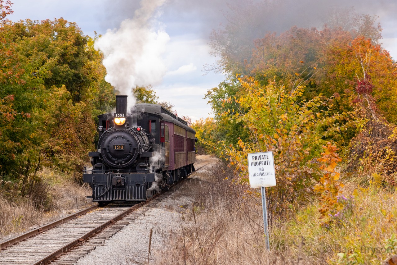 One final run...
South Simcoe Railway 2-4-0 No. 136 hauls 2 coaches up the small grade back towards Tottenham after 2 days of excursions filled with happy tourists and eager photographers. SSR 136 has a rich history has a rich history in Canada. Built for CP in 1883, it helped complete the transcon, worked out in New Brunswick for decades, and was the last 2-4-0 steamer in service for CP, lasting until 2/1960. After CPs retirement, it led various excursion trains around Toronto including the infamous "tripleheader" to Orangeville later in 1960. It's been showcased in multiple TV shows, movies, and a documentary about the completion of the transcontinental railway. These days it spends its time on the SSR. As far as I know, it only ran for 2 days the entire year (2022). Rumors are circulating about a possible expensive boiler replacement needed this winter. Some are going as far as saying it will never be in service again (I sure hope not). 
My shot was of the final trip of 2022 (hence the caption at the start). Hopefully this was not it's last excursion ever...
