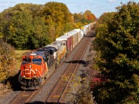 CN 301 hustles down the Dundas Sub with a pair of ES44ACs, the latter being Ex-CREX. I was hoping to shoot this frame with CN 583 who left Paris right behind 301 but RTC put him on the south track, messing up my attempt to frame them passing the vibrant fall colours. I guess that's why you photograph every train you see :)
There were some really nice cylindrical hoppers on this train including a "Canada" one with barely any graffiti!