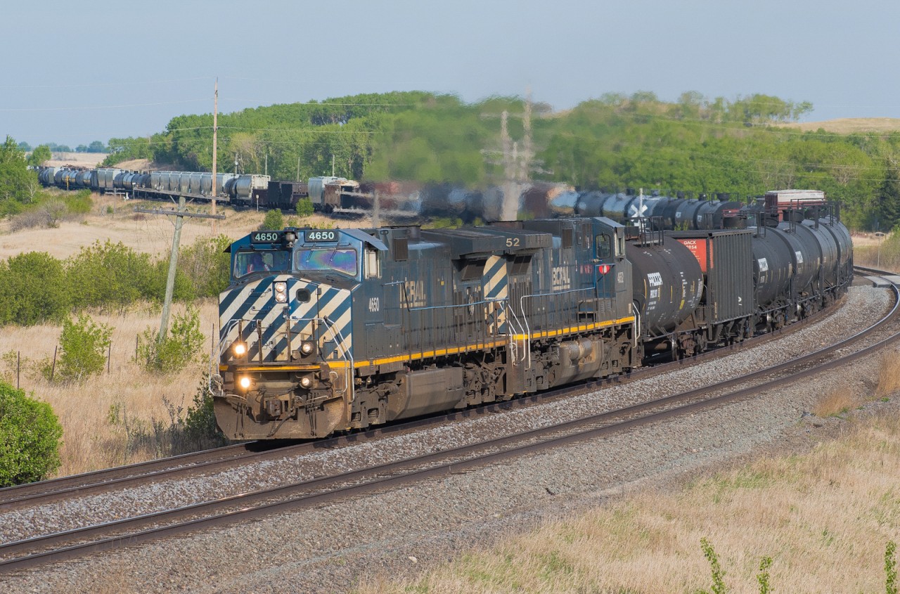 BCOL 4650 and BCOL 4652 lead A405 in late afternoon light with the tail end at Stenberg continuing toward the Qu'Appelle Valley.
