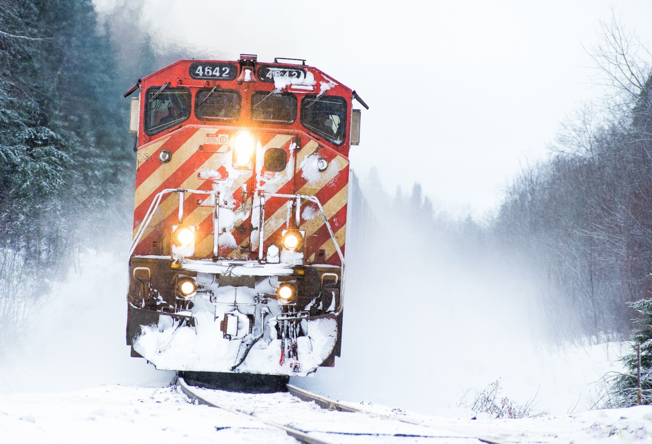 BCOL 4642 kicks up fresh powder while blasting through rural Ontario on its way to Toronto. After this crossing, there was nothing but trees and frozen lakes for around 60 miles showing the amount of untouched bush there is in Northwestern Ontario.