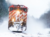 BCOL 4642 kicks up fresh powder while blasting through rural Ontario on its way to Toronto. After this crossing, there was nothing but trees and frozen lakes for around 60 miles showing the amount of untouched bush there is in Northwestern Ontario.