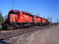 NS 328 with three CP SD40-2s and one tank highballs through Port Robinson Eastbound for Buffalo from St. Thomas.