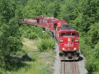 On a gorgeous summer afternoon, a southbound CP train on the Hamilton Sub descends towards Hamilton with SOO 6060 leading a GP9 and two GEs. 