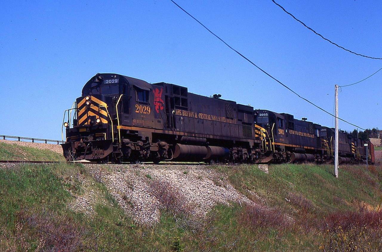 CBNS 2029 West stops at Grand Narrows and waits for the swing bridge to close before Proceeding across the bridge.