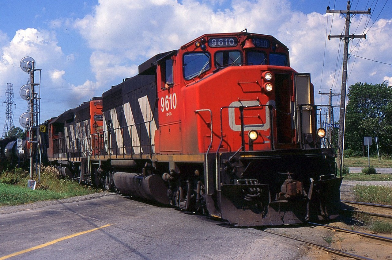 CN GP40-2(w) 9610 leads 449 through Clifton heading into Niagara Falls Yard in 1996.