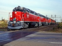 CN Eastbound at Aldershot East with three Rebuilt GP40-2s for CBNS on delivery in 1997.
