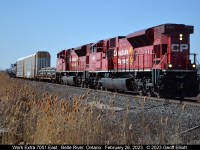 In what is the weirdest move I've seen on  CP so far in 2023, Work Extra 7051 heads eastbound, running long hood forward, along the Windsor sub with 2 SD70ACu's and 5 cars.   These cars are to be setoff in the backtrack in Belle River, Ontario presumably for an Eastbound or the London Pickup to lift at a later time.  Work Extra 7051, once the cars were setoff, headed light power back to Windsor with 7041 leading.  The power then changed to CP Train 135 when the reached Windsor.
