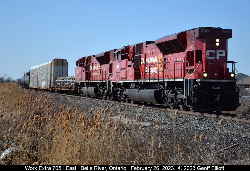 In what is the weirdest move I've seen on  CP so far in 2023, Work Extra 7051 heads eastbound, running long hood forward, along the Windsor sub with 2 SD70ACu's and 5 cars.   These cars are to be setoff in the backtrack in Belle River, Ontario presumably for an Eastbound or the London Pickup to lift at a later time.  Work Extra 7051, once the cars were setoff, headed light power back to Windsor with 7041 leading.  The power then changed to CP Train 135 when the reached Windsor.