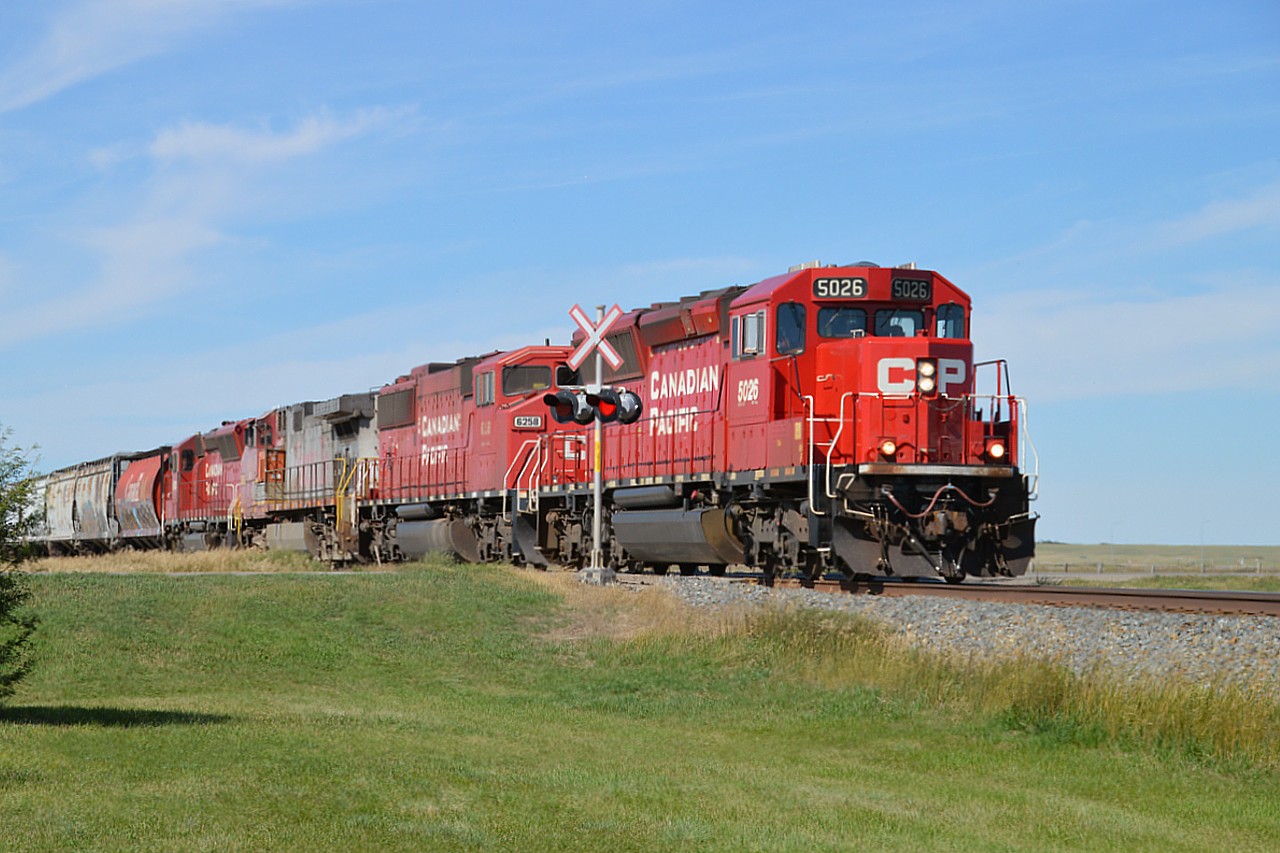 We were heading over to shoot pics of the restored and relocated CP SweetGrass station when we came across this CP train slowly making its way to the US border after being held up by a redboard.
CP 5026, 6258, BNSF 685 and CP 5033 provide the power.  Nice to see an SD60M as well as a BNSF "Bonnet" in the same train consist. And a nice day as well. As you can see on the right; there is some rather flat lands in Southern Alberta.  Train is crossing Hwy 846, and I had to scramble for this shot. Getting too old for this s**t.