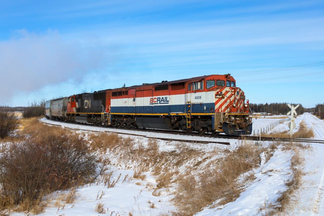 The white smoke billowing from the locomotives is a good indicator that it was real cold out!  It was worth braving the elements to see BCOL 4609 leading A 41851 21 down the old Northern Alberta Railway mainline between Peace River and Edmonton.
