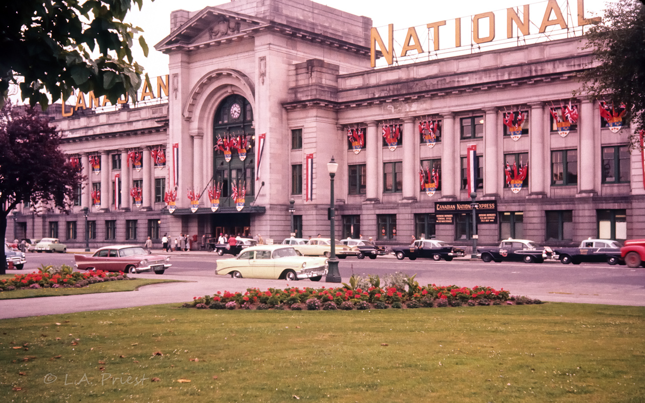 A late 50's photo of the Vancouver station to contrast with Paul O'Shells recent station picture. I believe, needs confirmation, that some kind of Royal visit had already happened or was going to happen. It certainly is well flagged. A space of 60 plus years between photos.