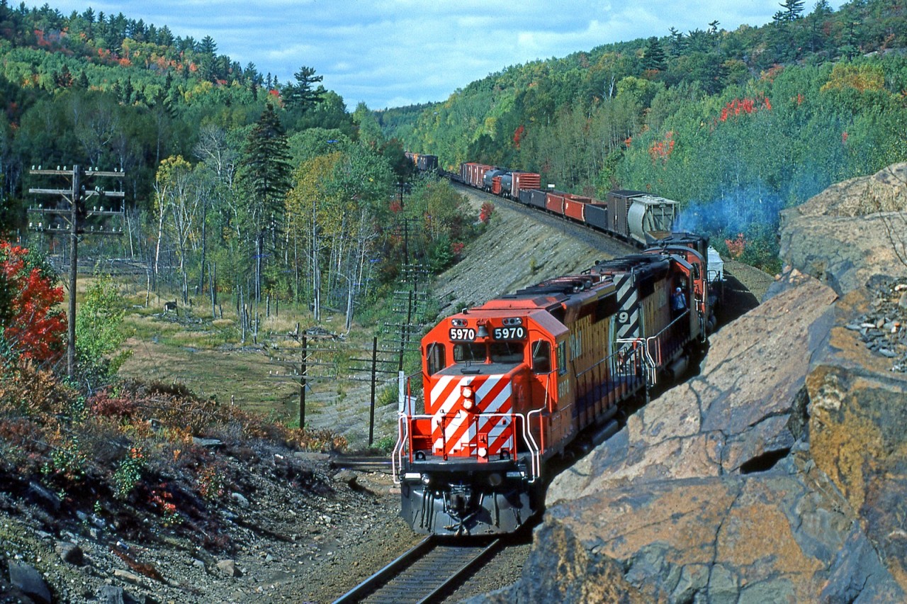 CP 5970-434 (Thunder Bay-Toronto) rolls through Onaping Falls Ontario, mile 103 on the CP's Cartier Sub.