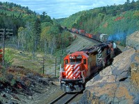 CP 5970-434 (Thunder Bay-Toronto) rolls through Onaping Falls Ontario, mile 103 on the CP's Cartier Sub.