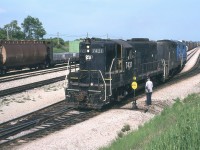 In what was a daily occurrence back then, the CR transfer has just come over from Buffalo and dropped traffic at the west end of the Fort Erie yard. It will then run east after switching to an open track and pick up traffic bound for the USA.
I liked to catch this job before the power was painted into Conrail colours. CR 7431, 3813 and 6820 is the consist on this day. Note the middle loco is a "B" unit (no cab). There were about 20 or so of these GP9B units, but I had rather miserable luck in catching many of them.