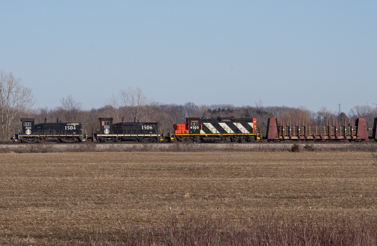 IC 1504, IC 1506 and CN 4100 sit in Southern Yard in Welland waiting their lift to Port Robinson to hitch a ride on 422 to Mac Yard.  From there they'll head West for Sarnia and their new home at LDS.