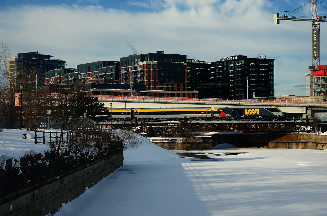 A Charger locomotive pushes VIA 33 for Ottawa over the Lachine Canal. VIA 33 continues to feature a Siemens consist on Tuesdays only and only from Montreal to Ottawa.