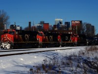 CN 305 has four units up front (CN 2811, CN 2334, CN 2557 & CN 8956) as it heads west past the start of the Turcot Holding Spur.