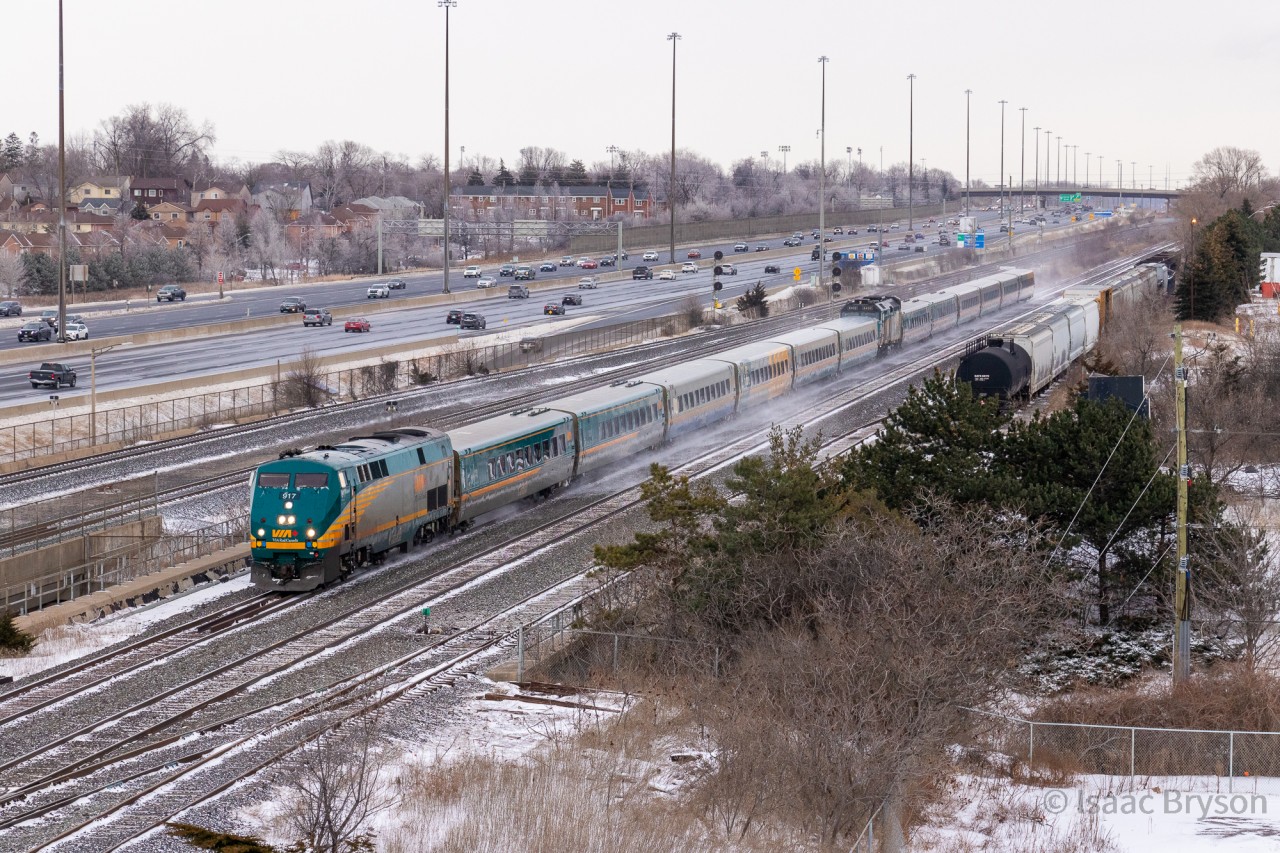 Holi-delays...
Many are familiar with the massive VIA delays that occurred over the weekend before Christmas. Over a dozen VIA trains incurred delays above 3 hours on the CN Kingston sub and 5 trains were left out in the cold overnight. VIA 55, VIA 69, VIA 669, VIA 48, and VIA 54. VIA 55 was the train hit by a tree and VIA 69 and VIA 669 crawled into Cobourg overnight behind it. The decision was made to combine 69 & 669 there, making for an extremely rare westbound "J-Train". After departing Oshawa, VIA 69/669 is on the home stretch to Toronto with 669 being 15 ½ hours late and VIA 69 nearly 17 hours late. I really feel for everyone involved with those trains, and figured the high vantage point would be nice to document the occurrence.