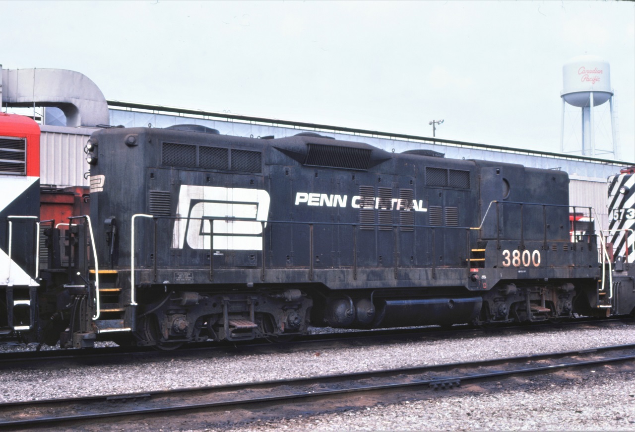Penn Central GP9B 3800 rests at CP's Agincourt Yard on September 17th, 1977.  The unit was built by EMD in November 1957 as Pennsylvania Railroad 7175B.