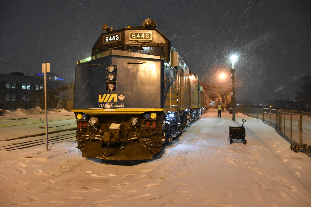 It's a blustery, cold evening in Winnipeg and quite windy on the station platform outside the protection of the train shed. VIA 6443 is on the head end of VIA 001 The Canadian and has just arrived in Winnipeg, MB. The two units and baggage/buffer car are sticking out the west end of the train shed while several Prestige sleepers, VIA 88710 Prince Albert Park, and, VIA 8316 Christie Manor (tail end buffer car) bringing up the markers sit outside the east end of the shed. My trip from January 25-February 3 on VIA 001 & 002 The Canadian yielded about 8-10 hours of sunlight over the 10-day journey so I have very few photos to post. :-(