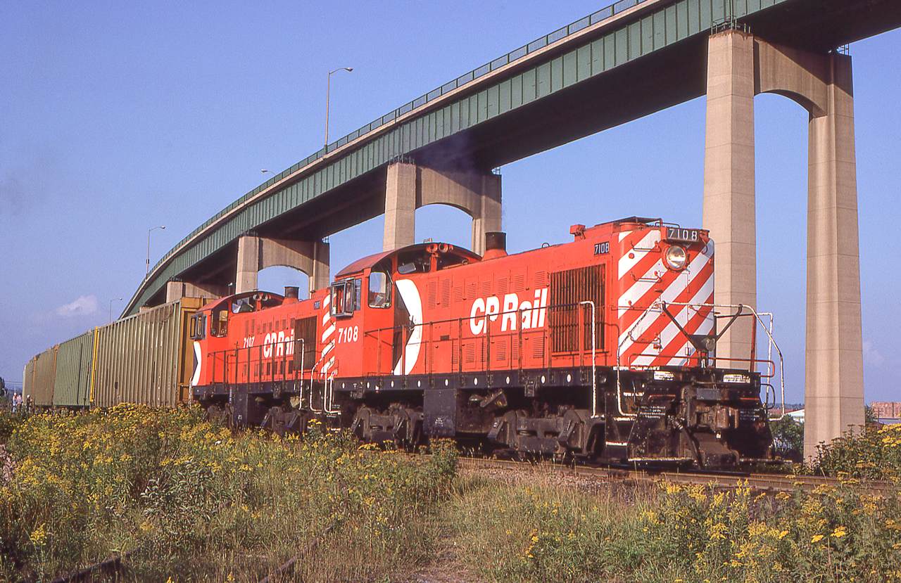 Peter Jobe photographed CP 7108 leading the SOO Transfer in Sault Ste. Marie, Ontario on August 31, 1981.