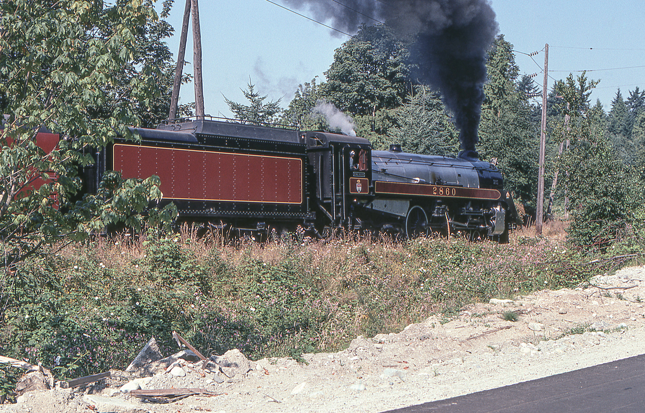 BCR 2860 is northbound in West Vancouver, British Columbia in August 1974.
