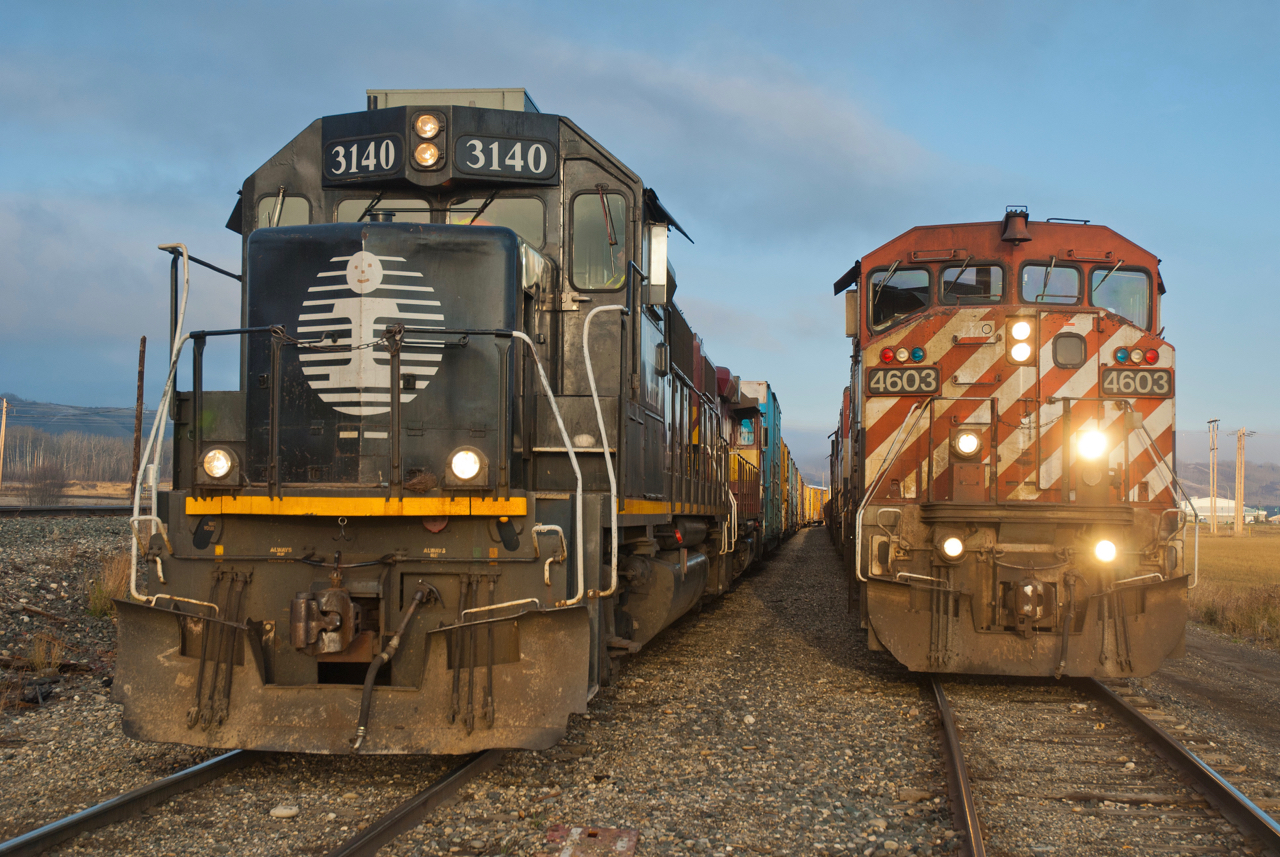 As myself and fellow crew members waited on instructions for our work train (at right), the 1400 yard job from Fort St John showed up in Taylor making for this nice side by side scene.