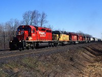 CP Westbound with CP 5595 leading through Guelph Jct East on the CP Galt Sub back in 1999.