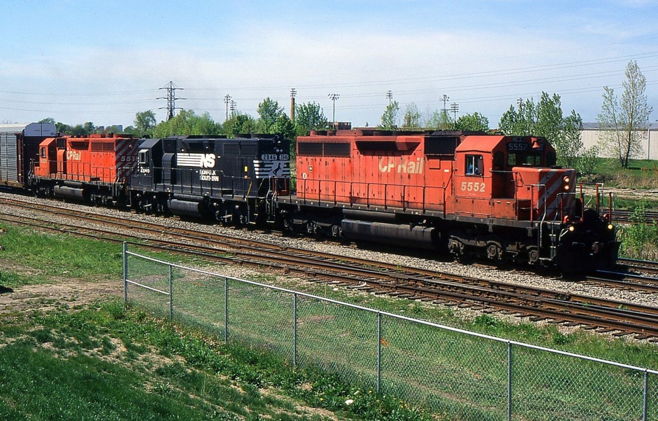 NS 328 with CP SD40 5552, NS GP38-2 2846 and CP SD40 5531 in Merritton