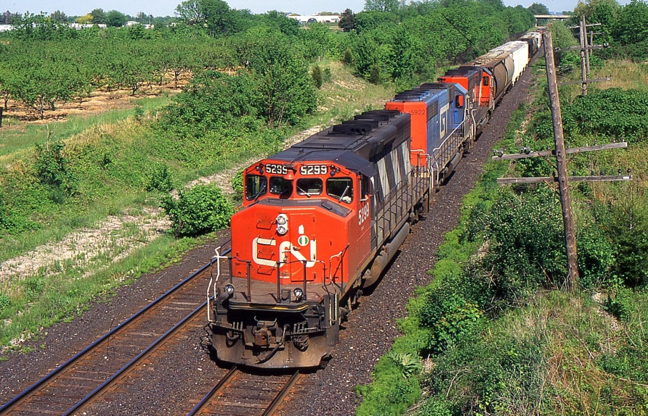 CN 334 with CN 5299 West approaching Jordan at Mile 15 on the south track of the CN Grimsby Sub in 1999.