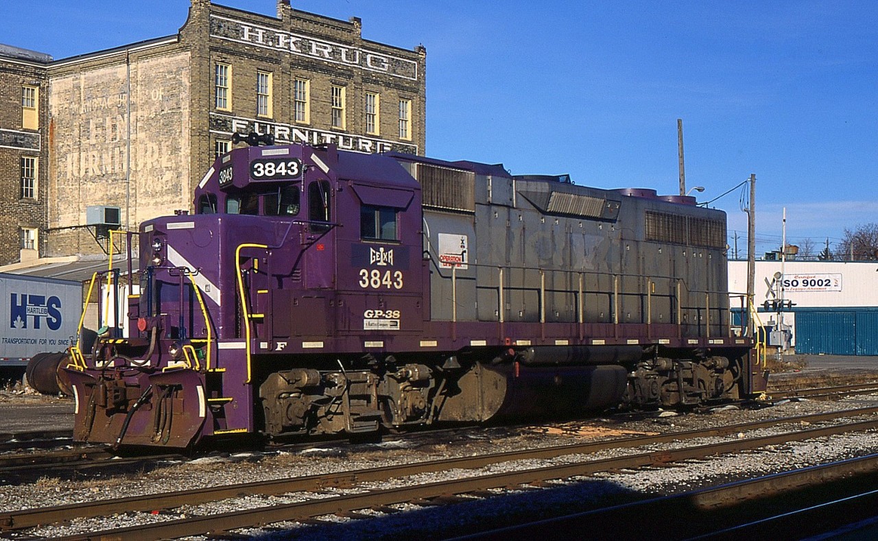 GEXR GP38 3843 idles in front of the VIA Rail Kitchener Station back in 2000.