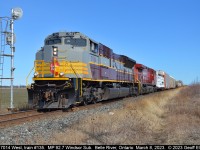 Decided I liked my shot from yesterday ( http://www.railpictures.ca/?attachment_id=51350 ) enough that I would attempt a 'repeat' of sorts.  Today CP Heritage Unit #7014 leads train #134 past the westbound signal at MP 92.7 of the Windsor Subdivision on March 8, 2023 on a beautiful March 8th day......
