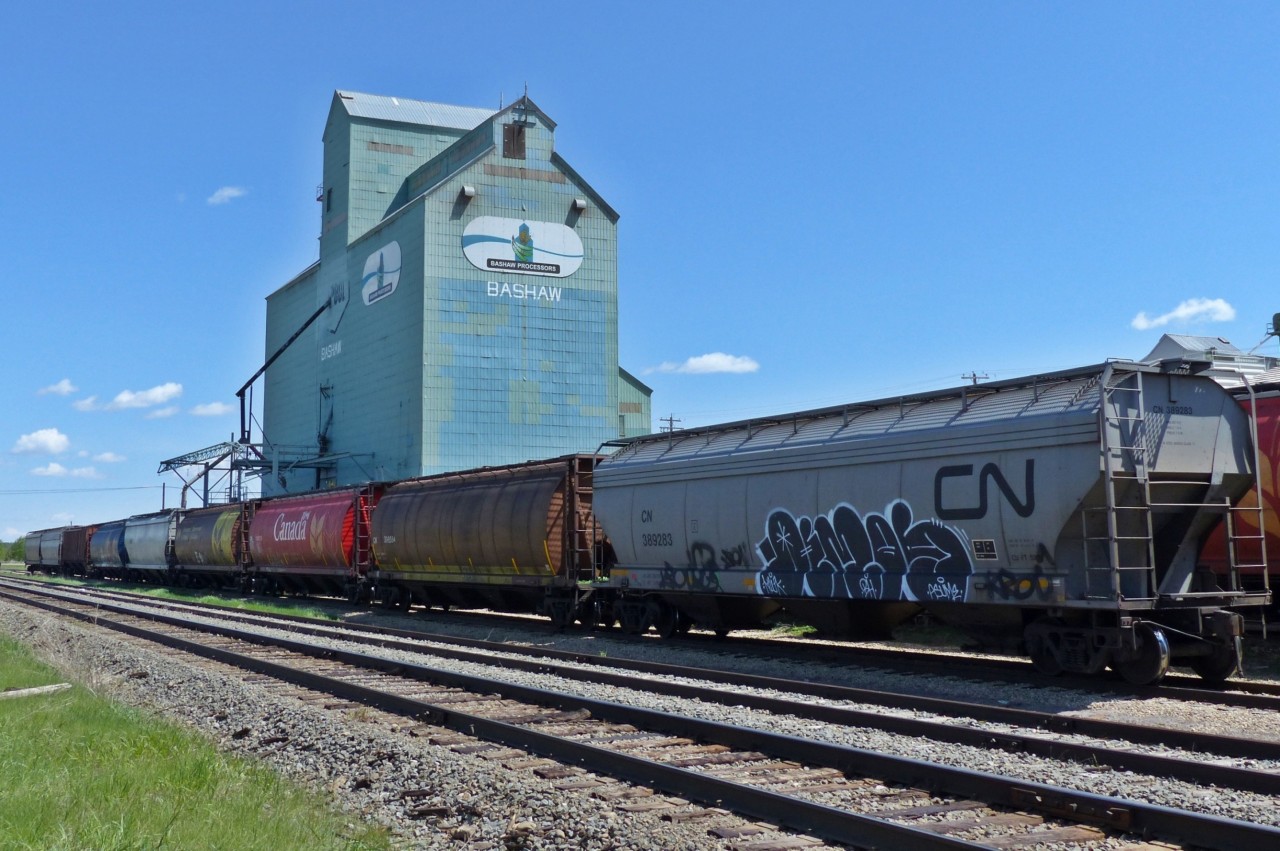 Grain hoppers waiting to be loaded at Bashaw Processors (former Alberta Wheat Pool elevator) in Bashaw, Alberta.
