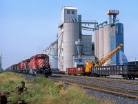 A raft of CP power lead by the 5412, has train 904 in hand as they pass the mill at mile 80 on the Windsor Sub, Tilbury Ontario 09/18/1988.The mill is long gone.