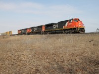 CN 8837 CN 5747 and CN 5726 are providing the braking as they slowly make their way toward Burlington West. 
