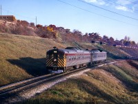 Nearing its final destination of Toronto Union Station, daily except Sunday train 381 from Havelock approaches the Bayview Avenue overpass on the Don Branch.<br><br><i>Scan and editing by Jacob Patterson.</i>