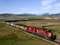 Potash empties off the Union Pacific at Kingsgate B.C. have just crossed Crowsnest Pass and is crossing the high plains between Lundbreck and Cowley