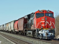 CN 3196 is the rear DP on a grain train approaching Wainwright