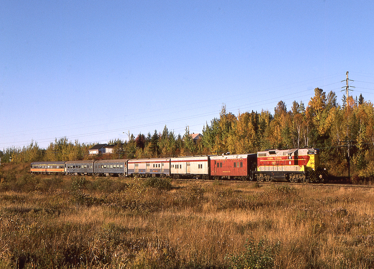 Peter Jobe photographed Algoma Central 167 with train #2 in Sault Ste. Marie, Ontario on October 9, 1980.