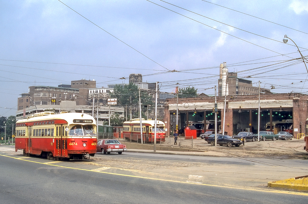 TTC 4474 is passing the Roncesvalles car house in Toronto in August 1986.