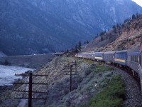 <br>
<br>
  The vestibule view from all CP Rail Chateau Argenson 14201,
<br>
<br>
   reveals an all GMD power lashup including a leased CP Rail GP9
<br>
<br>
   In the Thompson River Canyon, near Spences Bridge, VIA #2 May 16, 1980  Kodachrome by S.Danko
<br>
<br>
   noteworthy
<br>
<br>
   at lower left, near the river bank is the original road bed.
<br>
<br>
   And behind the photographer, and no longer on the VIA roster, is all CN in black & white livery Grand Codroy River 2131 ((10 roomette, 6 bedroom)(ex FEC Argentina)) and all CP Rail Riding Mountain Park 15512.
<br>
<br>
  more ex CN
<br>
<br>
     <a href="http://www.railpictures.ca/?attachment_id=  47728 ">  E series   </a>
<br>
<br>
sdfourty