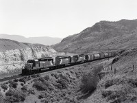 West of Kamloops, CP follows the south shore of Kamloops Lake to Savona, then starts a significant upgrade along the Thompson River to Walhachin.  In earlier years, this was a helper grade with daunting steeper sections instead of today’s steady climb.  On Sunday 1980-06-08 at 1107 PDT, a westbound with SD40-2s 5790 + 5661 + 5666 (one with wide stripes and two with narrow ones, and all with full-height multimarks) is working hard at mileage 28.5 with three more miles to Walhachin.

<p>In the distance near the tail end, evidence of the lower older grade can be seen, and on the other side of the river is the CN Ashcroft sub.