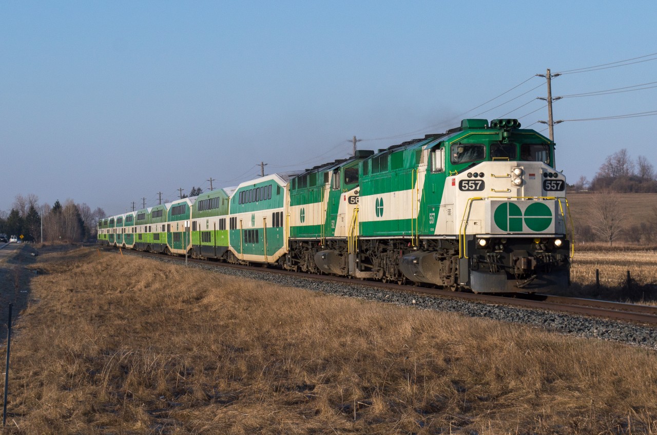 GOT 557 leads the London GO Train through Rockwood on their trip to Union Station.