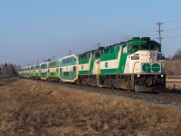 GOT 557 leads the London GO Train through Rockwood on their trip to Union Station.