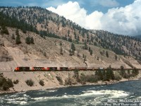 3000 horsepower GMD muscle moves potash through the Thompson Canyon: CN SD40 units 5102, 5231 and 5187 work with SD40-2W 5267 hauling a long westbound potash train of covered hoppers along the Fraser River in the Thompson Canyon (not sure of the exact location, but it's somewhere south of Lytton).
<br><br>
<i>Mike Mastin photo, Dan Dell'Unto collection slide.</i>