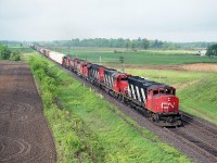 In a rather bucolic scene, daily CN train #410 races eastward.  This view is from the Governor's Rd overpass. The location is rather clogged with foliage these days, making photos like this rather difficult; and worse, is the traffic on Governor's Rd compared to 35 years ago. Tight squeeze, no sidewalk, no parking area all that close.  But, this day everything fell into place and I was able to grab  CN 9457, 5061, 51xx, 5046, 2336 and 5080 running east in the morning.  This train often had an abundance of power.