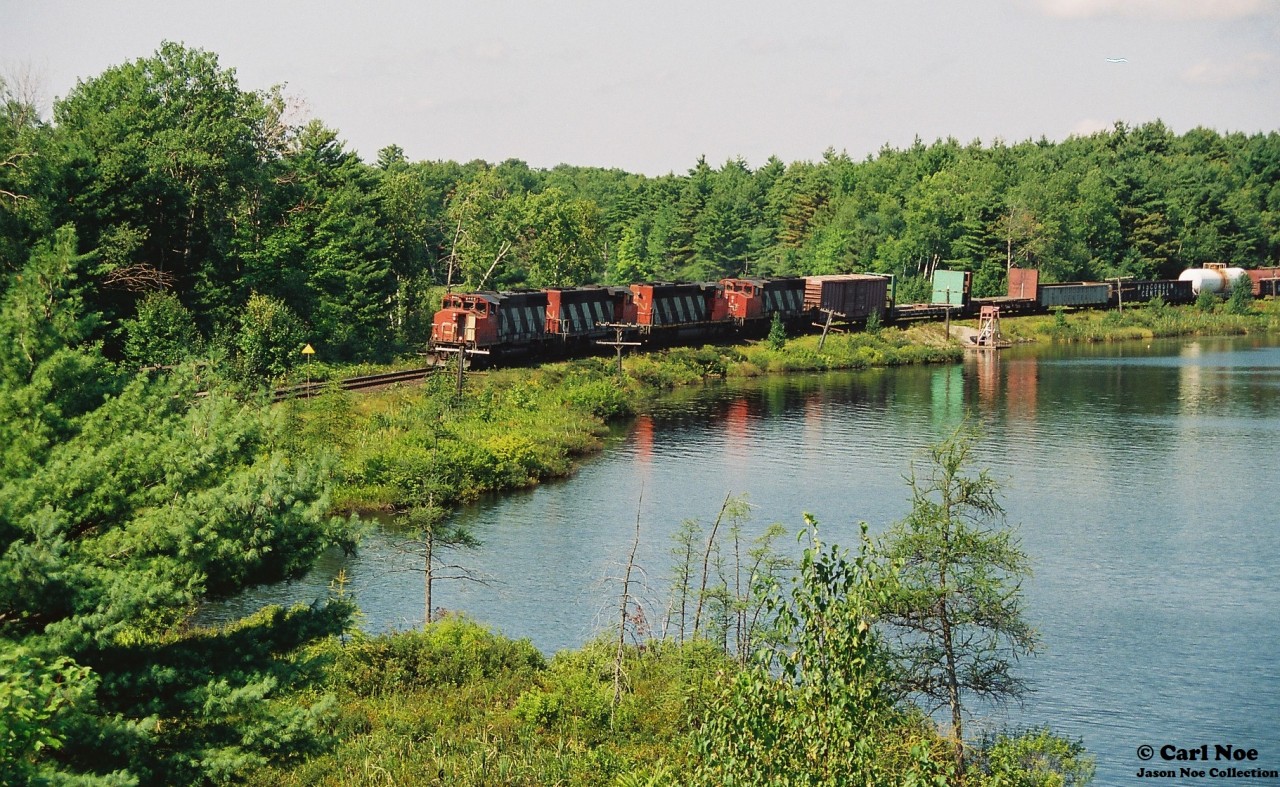 CN train 336 heads south on the Bala Subdivision with 9465, 9538, 5336 and 9442 as it approaches the town of Bala at Road 169. Decades later and Google Maps indicates that this angle can’t be photograhed as clearly no longer.